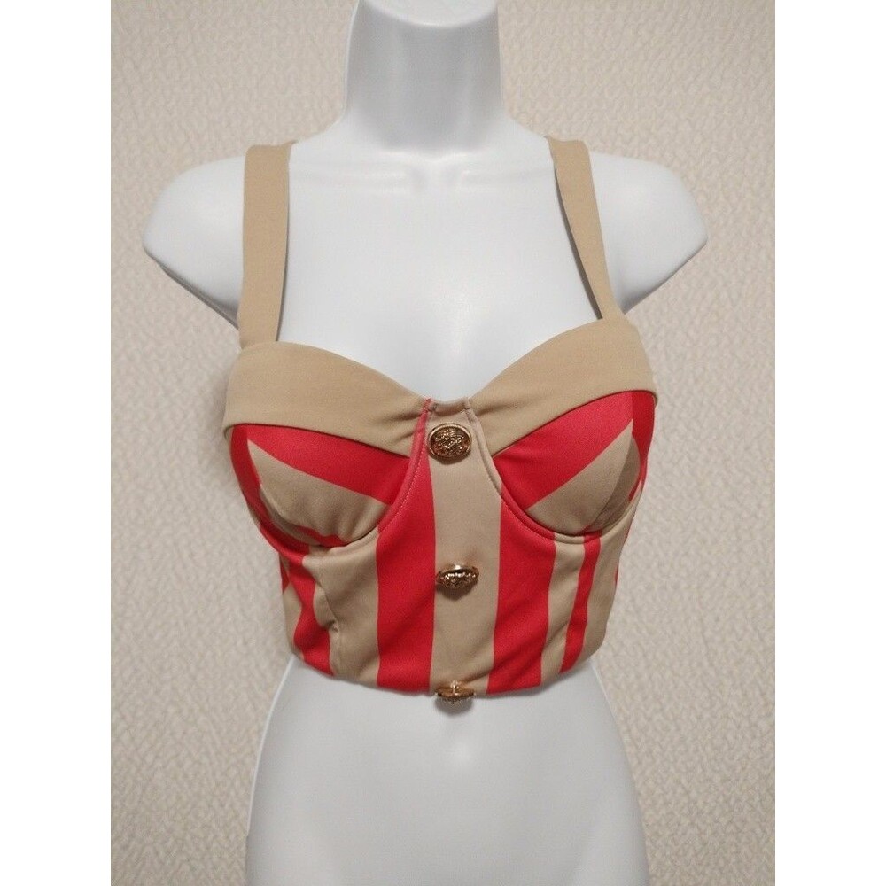 Blithe Women's Sz Small Corset Retro Y2K Striped Red Khaki Gold Button Nautical